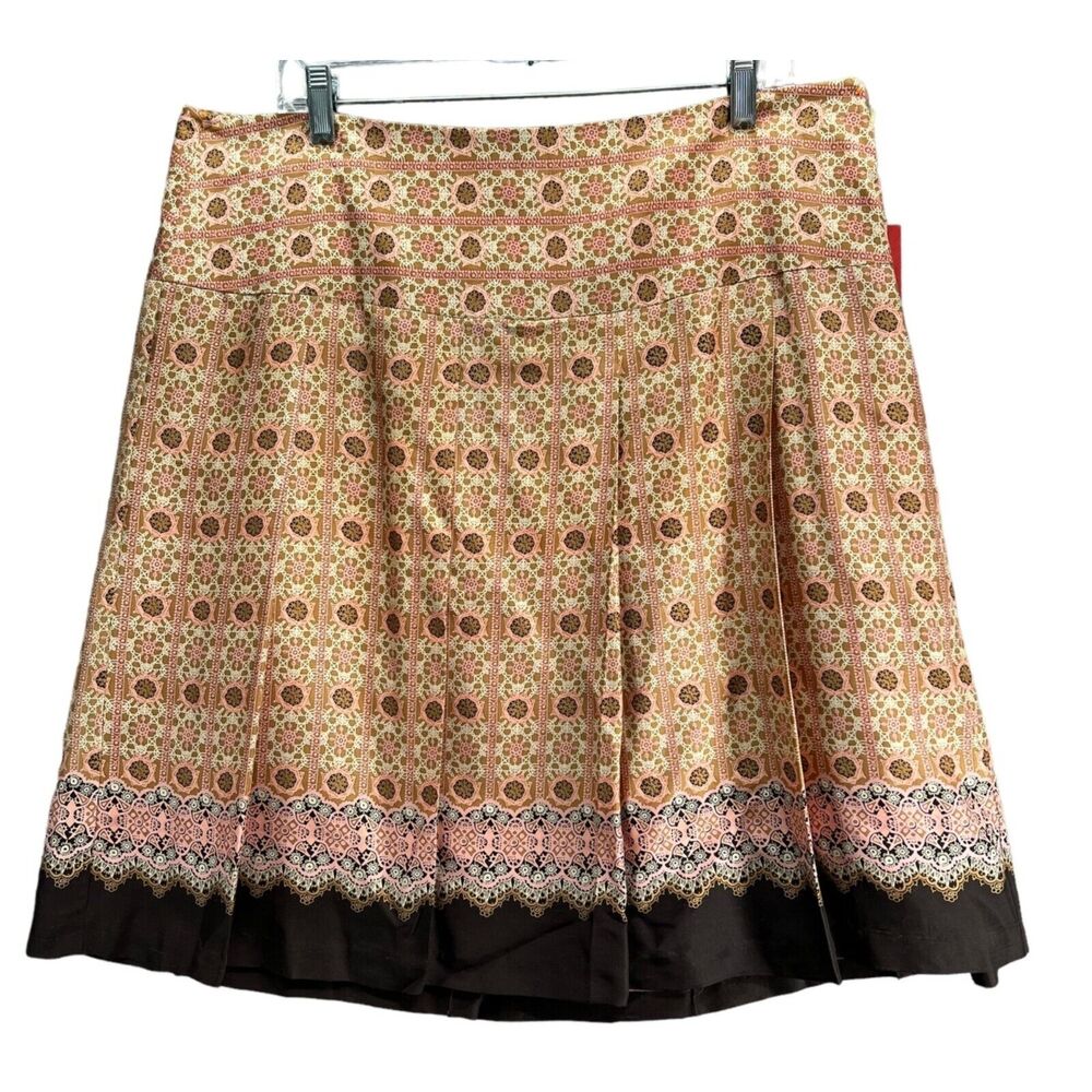 Tapemeasure Skirt Womens 16 Brown Pink Geometric Silk Pleated A Line Boho Chic